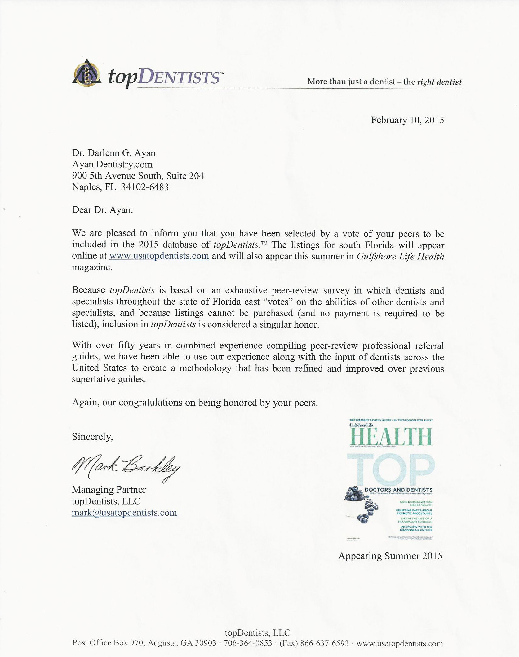 Image of letter awarding Dr. Ayan the Top Dentist Award for 2015